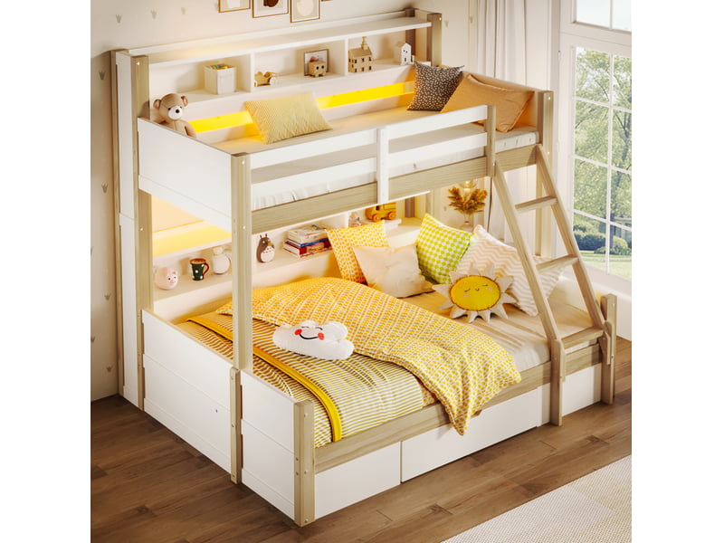 Lit superposé enfant 90x200 cm et 140x200 cm blanc et naturel avec led - Conforama D