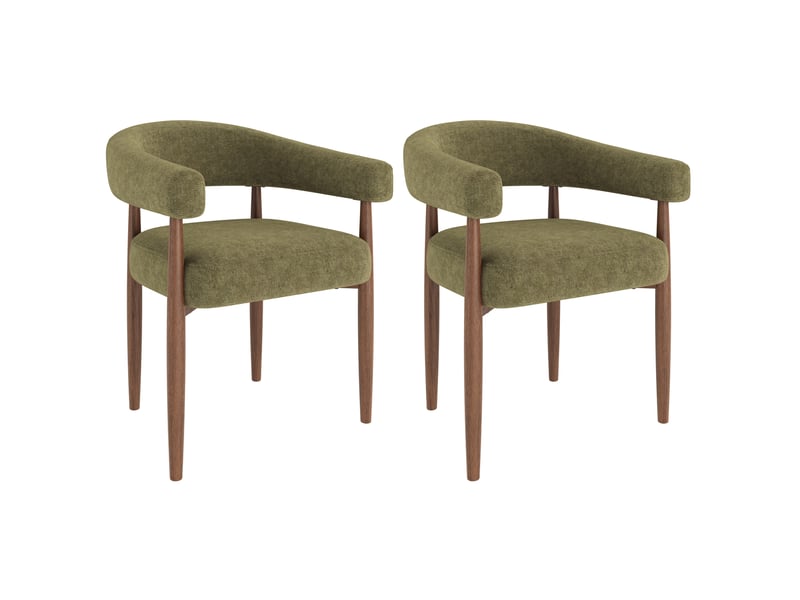  Lot de 2 chaises de salle à manger avec accoudoirs, tissu chenille vert olive, métal aspect noyer, style moderne  - Conforama A