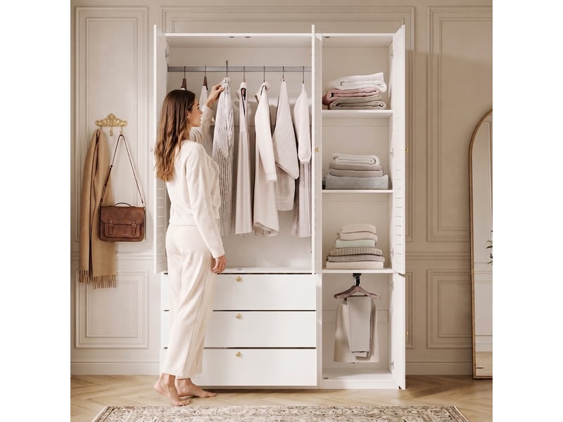  Armoire blanche 3 portes armoire penderie 135x50x200 cm avec tiroirs  - Conforama C