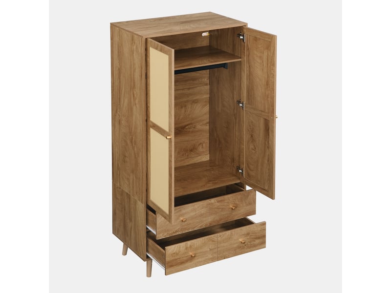  Armoire effet bois foncé et rotin avec penderie, étagères, 2 tiroirs et pieds  - Conforama E
