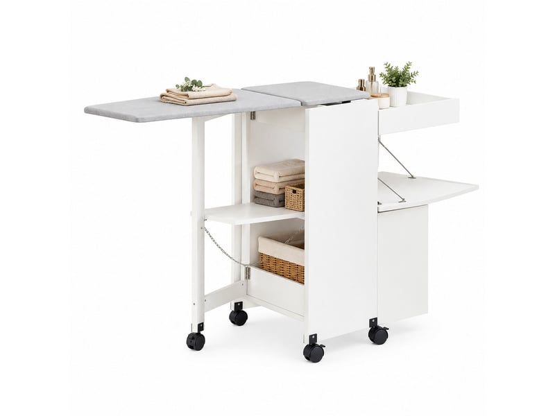 Meuble à repasser pliable 154x55x87 cm en mdf et lin avec rangement et roulettes chicfurn - Conforama A