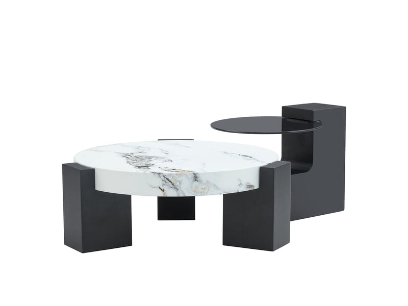  Tables basses rondes gigognes 61x30+44x39 cm, table d'appoint, plateau effet marbre mdf et verre, salon, blanc et noir  - Conforama A