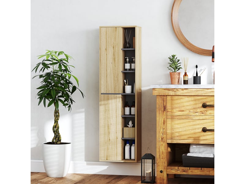  Armoire de salle de bain murale avec compartiments ouverts et 2 portes, 40 x 24 x 141,5 cm, naturelle  - Conforama C
