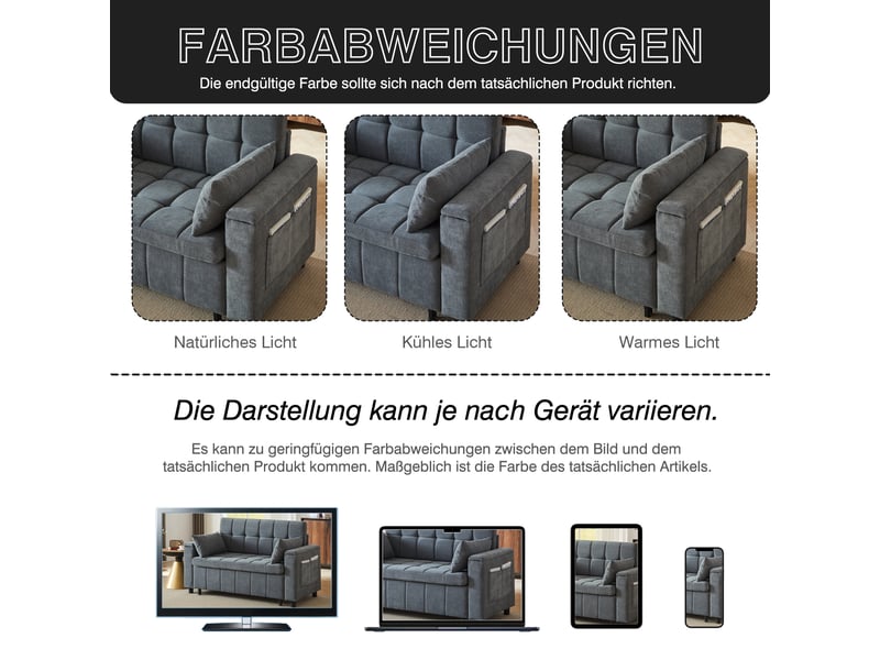  Canapé convertible, canapé-lit, 2 places, en chenille, gris, rangements dans les accoudoirs, structure métallique, poches latérales  - Conforama C