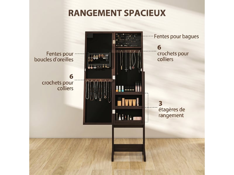 Armoire à bijoux, armoire de rangement sur pieds, boîte à bijoux avec miroir multi-rangements éclairage led marron foncé  - Conforama D