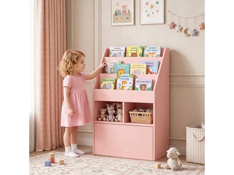  Bibliothèque en bois pour enfants avec 3 compartiments, 2 cubes et un tiroir mobile à 4 roulettes, 60 x 29,9 x 90 cm, rose  - Conforama B