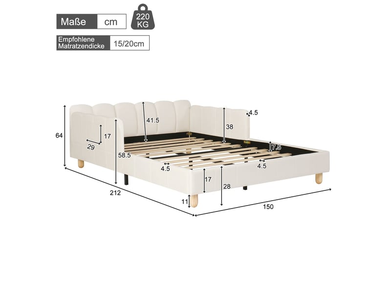  Lit 140 x 200 cm, lit en velours beige avec tête de lit rembourrée, barrière de sécurité, pieds en bois massif  - Conforama C