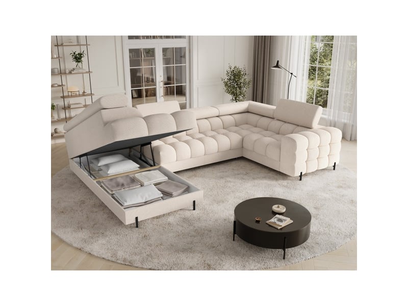 Canapé panoramique convertible factory 3 places beige – angle gauche avec coffre – version 4 - Conforama D