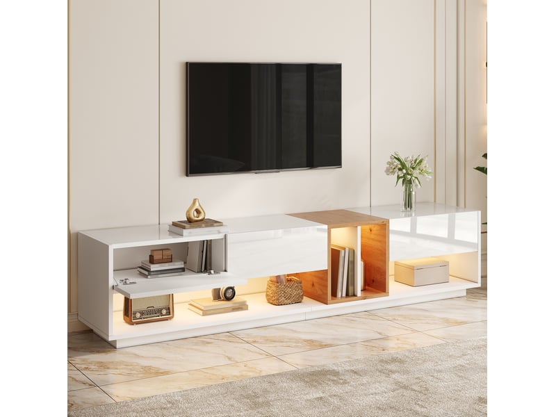  Meuble tv 190x38x42 cm, éclairage led piloté via application, 3 portes, rangement ouvert, en aggloméré blanc  - Conforama E