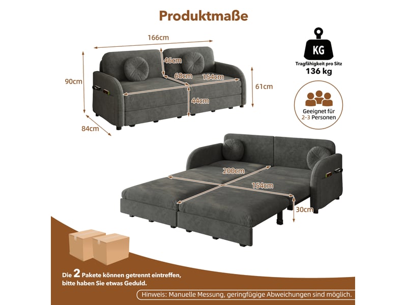 Canapé-lit 2 places 166x84x90 cm 3-en-1, poche latérale, canape droit en métal, bois, mousse et tissu chenille gris - Conforama C