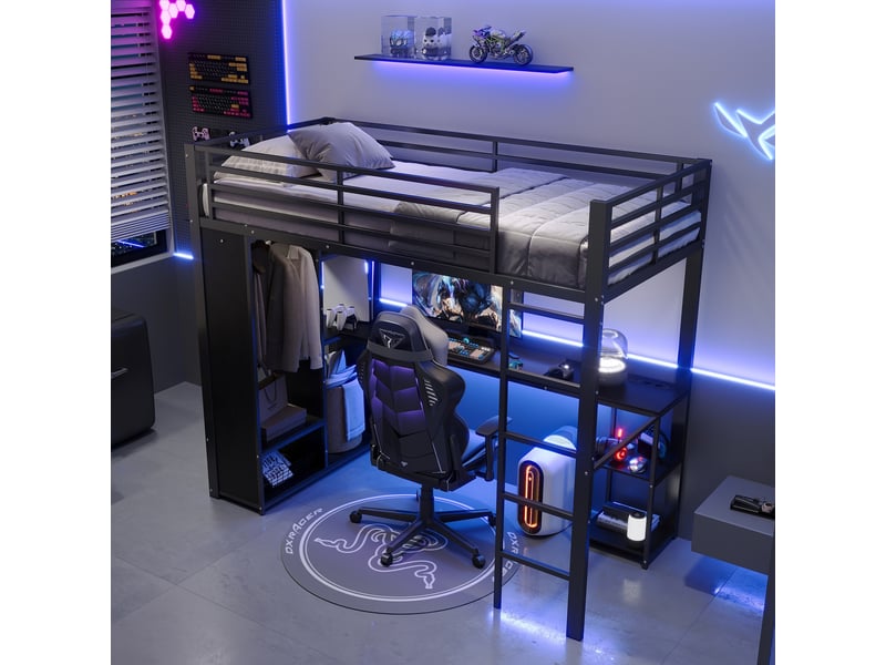 Lit mezzanine 90x200 cm - avec bureau penderie led prises usbtype-c étagères en747 - noir - Conforama B