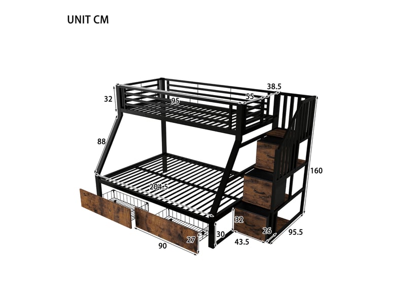  Lits superposés 90140 × 200 cm métal noir, escalier et 2 tiroirs sous le lit IKSETERA TRADING LTD - Conforama C
