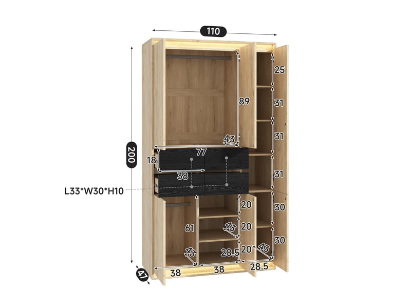  Armoire de chambre 110x47x200 cm avec miroir, dressing moderne penderie led, mdf 2 tringles 4 tiroirs 9 niches, chêne  - Conforama E