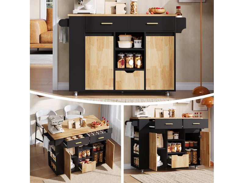  Île de cuisine mobile avec plaque de travail rabattable, chariot de cuisine et armoire de rangement avec rayon d'épices à 3 niveaux, 3 grands tiroirs et roues à verrouillage, 120 × 45(71) × 90 cm  - Conforama E