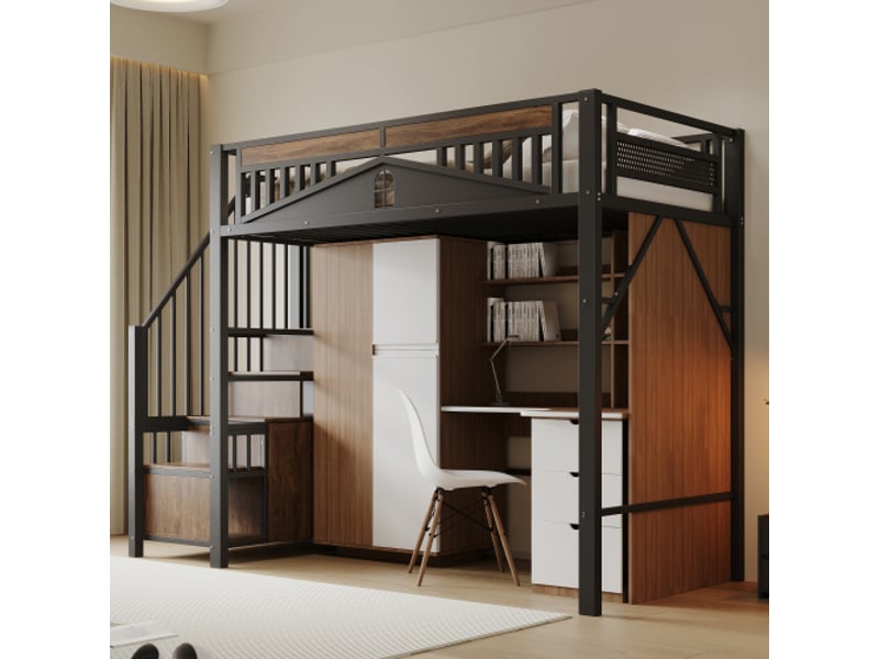  Lit mezzanine 90x200cm coloris noir métal et bois lit enfant noir - Conforama E