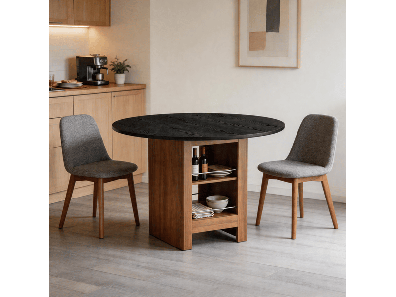  Table à manger ronde ø100 cm avec étagère de rangement, plateau mdf effet noyer, structure en métal noir, design moderne pour salle à manger  - Conforama C