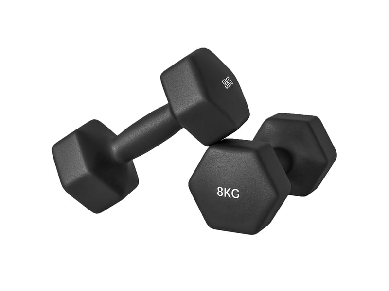  Lot de 2 haltères hexagonales, 2 x 8 kg, métal et plastique, avec poignée antidérapante, 24 x 11 x 11 cm, noires  - Conforama B