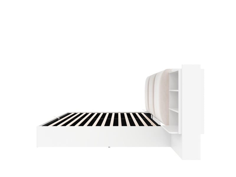  Lit coffre 180 x 200 cm rangement hydraulique 6 compartiments de rangement tête de lit rembourrée éclairage led cadre de lit plateforme finition blanche  - Conforama A