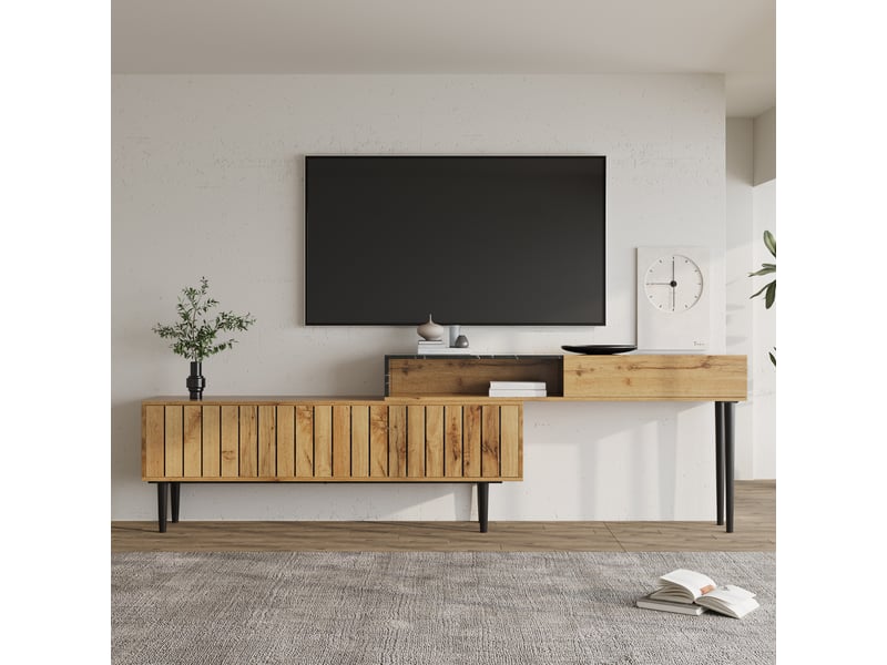 Meuble tv moderne 129 cm effet marbre et bois avec pieds en fer pour écrans 40-49 pouces - Conforama D