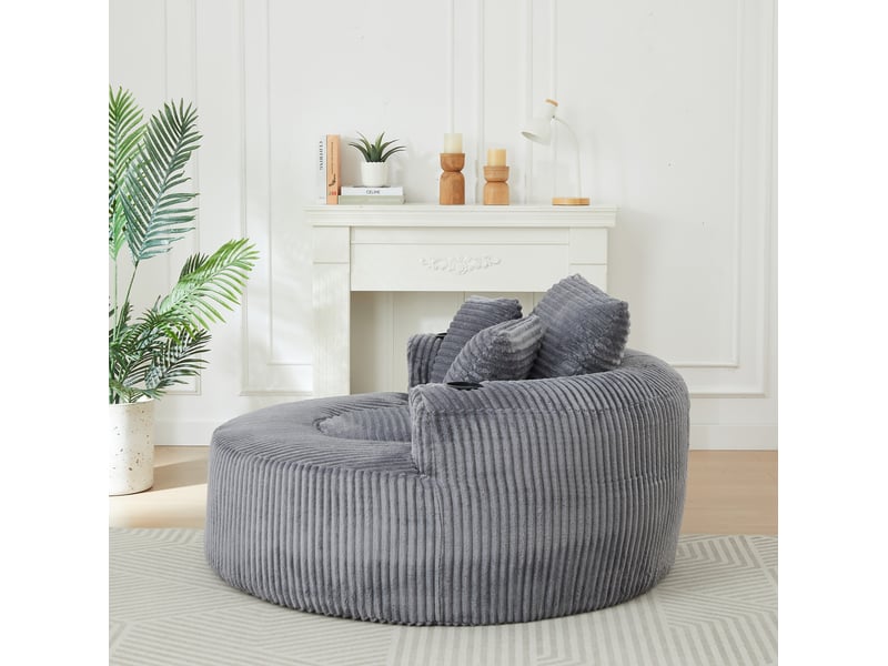  Fauteuil relax rond en velours côtelé gris – 1 place – 2 porte-gobelets – rangement latéral – 3 coussins  - Conforama D