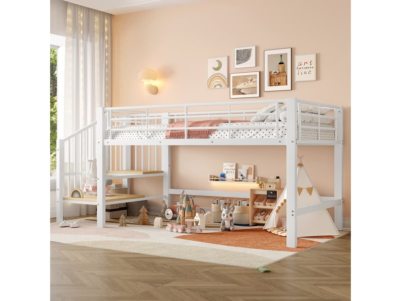  Lit mezzanine mi-hauteur enfant 90x200 cm avec escalier de rangement blanc  - Conforama D