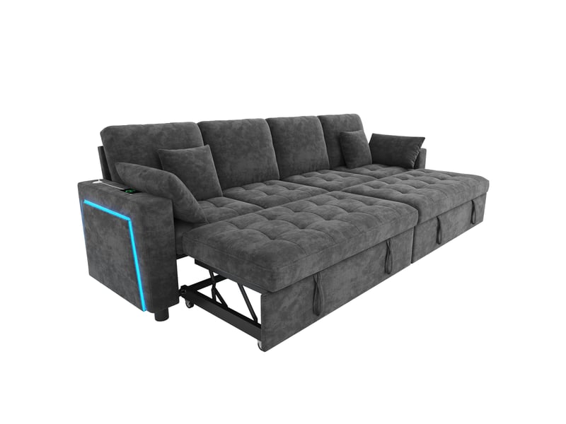  Canapé d'angle convertible 4 places gris en tissu, led, usb-c et dossier réglable 3 positions pour le salon  - Conforama A