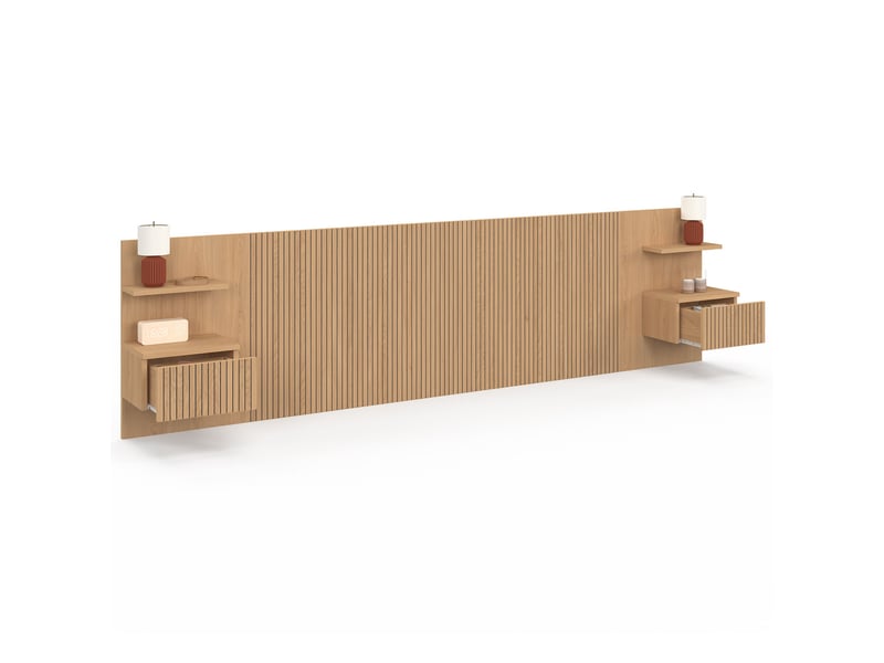  Tête de lit suspendue juliette 240 cm avec chevets + tiroir effet lattes tasseau bois  - Conforama D