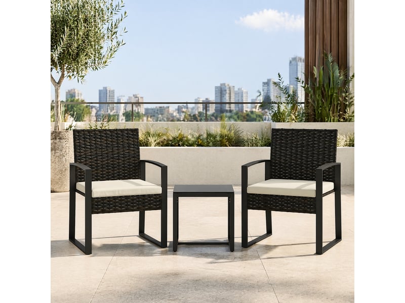 Salon de jardin 3 pièces 2 places, fauteuils 55 x 58 x 76 cm et table 40 x 40 cm, acier, résine tressée, gris crème - Conforama D
