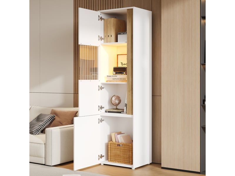  Vitrine de rangement, avec 2 portes, avec éclairage led, coloris blanc et naturel, pour salon, solution de rangement fonctionnelle  - Conforama B