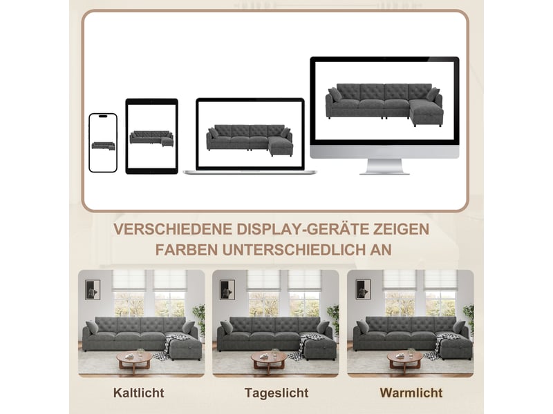 Canapé d’angle gris en flanelle et polyester, 281 × 86 × 71 cm, avec couchage et rangement, pour salon - Conforama E