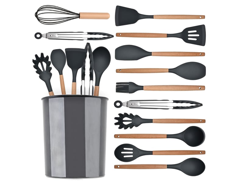  Set de 12 ustensiles de cuisine,meulva,32x10x10 cm,silicone et bois,noirs et bois  - Conforama A