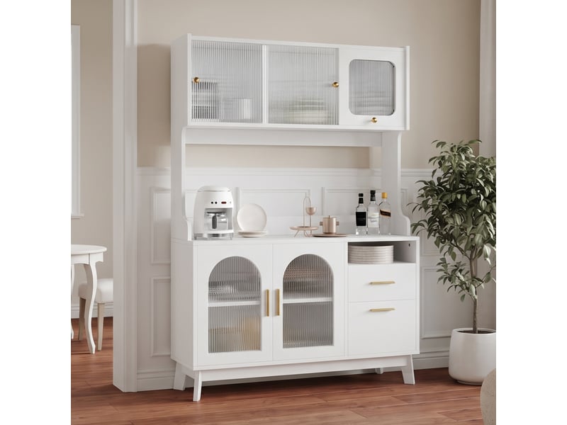  Vaisselier blanc buffet haut de cuisine avec prises et ports usb armoire de salle à manger moderne 120x40x178 cm  - Conforama D