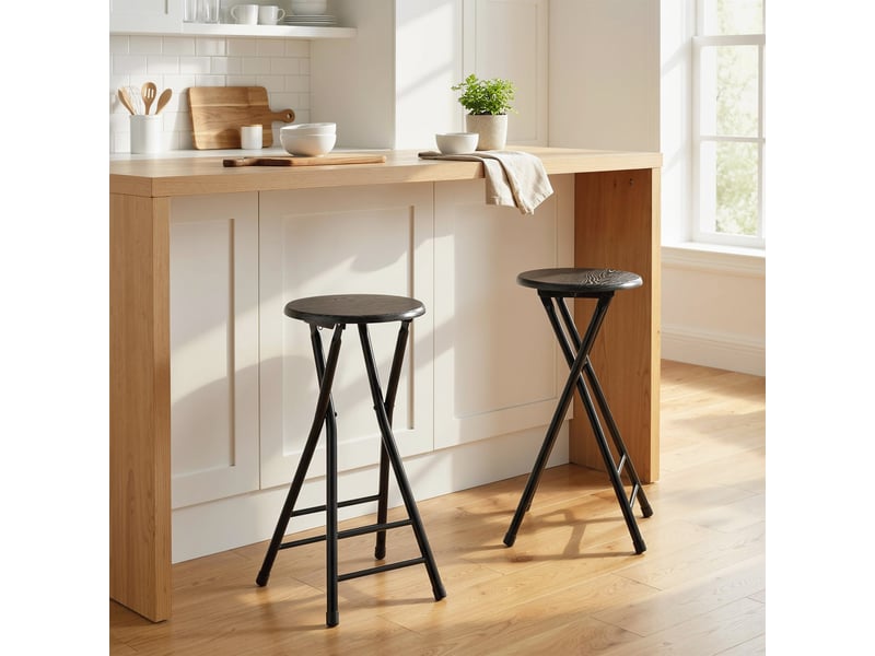  Lot de 2 tabourets de bar pliants avec double repose-pieds, en bois et acier, 34 x 30 x 70 cm, noir  - Conforama C