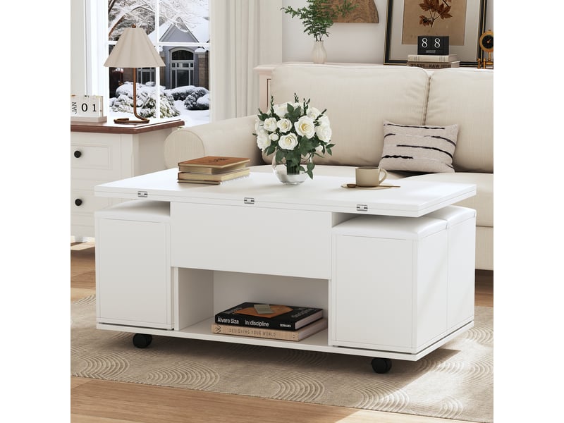  Table basse relevable multifonction avec rangement, transformable en table à manger, 4 poufs, roulettes, 100x100x63.5cm, blanc  - Conforama W