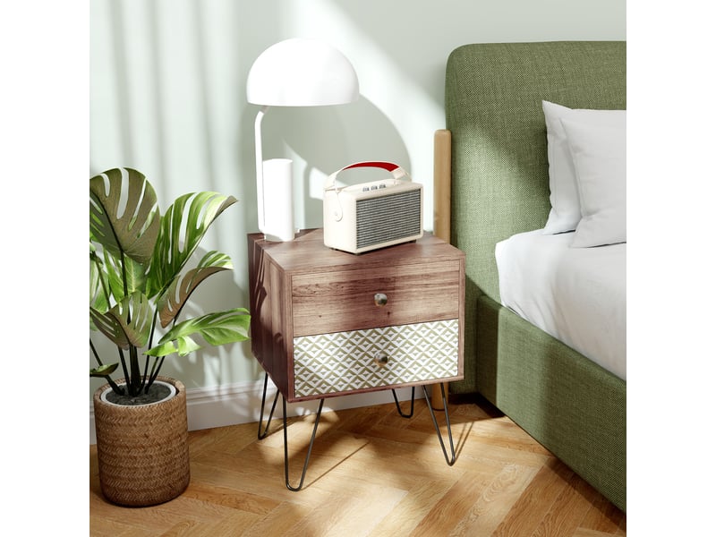  Table de chevet style bohème avec 2 tiroirs, pieds en acier, pour chambre ou salon, 45 x 39 x 55,5 cm, marron  - Conforama C