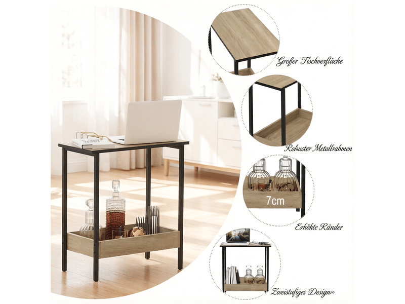  Table d’appoint carrée 2 niveaux avec rangement - lpospi - métal, bois d’ingénierie noir chêne clair 50 × 55 × 25 cm  - Conforama E