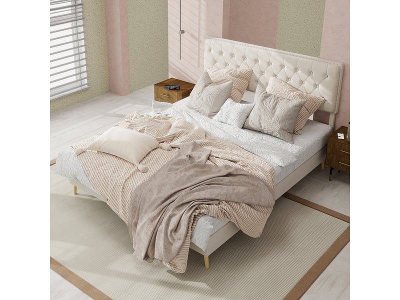  Lit adulte 140 x 200 cm, lit double, avec tête de lit moelleuse et sommier, velours beige, sans matelas  - Conforama W