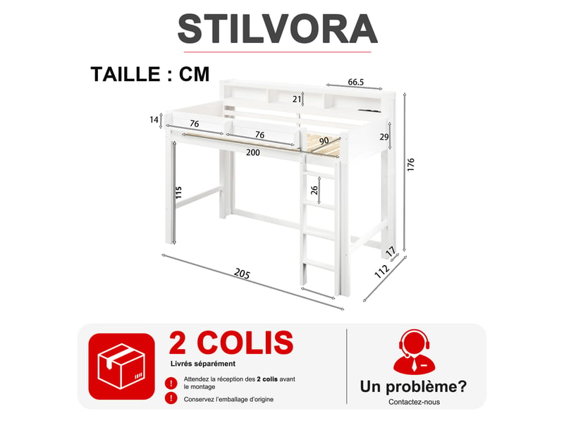  Lit mezzanine simple 90×200 cm bureau, led et usb - sans matelas, bois - blanc  - Conforama D