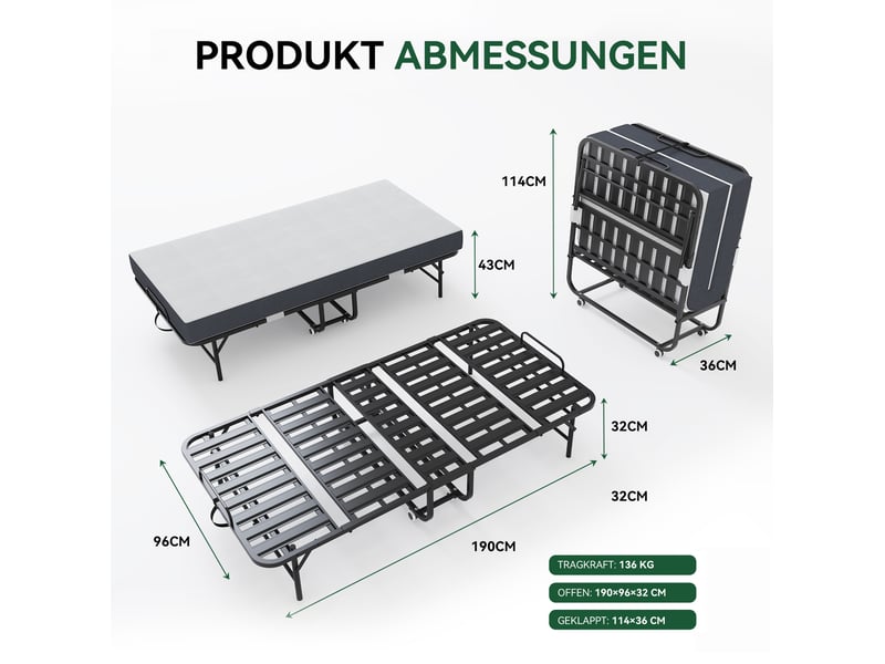  Lit enfant pliant 90x190 cm noir avec matelas mémoire de forme 9,5 cm  - Conforama C