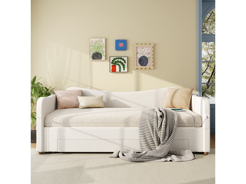  Lit gigogne 90 × 200 cm extensible 180 × 200 cm, 2 tiroirs, usb et type-c, bouclé beige  - Conforama B