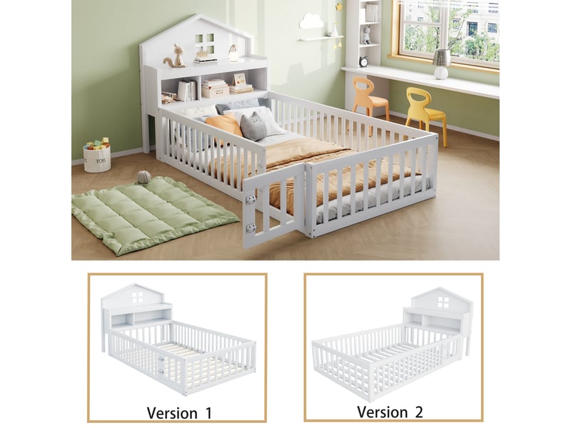  Lit enfant 90x200 cm avec étagère, tableau noir, garde-corps et sommier, forme de maison, bois blanc, sans matelas  - Conforama D