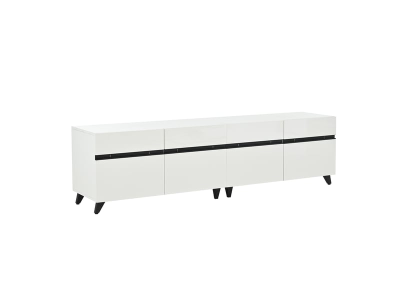  Meuble tv blanc brillant de 180 cm avec quatre placards, rangement modulable et huit pieds, pour téléviseur jusqu’à 80 pouces  - Conforama A