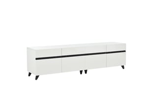 Meuble tv blanc brillant de 180 cm avec quatre placards, rangement modulable et huit pieds, pour téléviseur jusqu’à 80 pouces