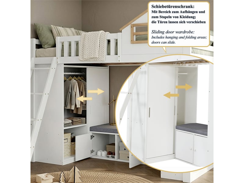  Lit mezzanine 90x200 cm - armoire et étagères - banquette avec rangement - lit simple - bois - blanc  - Conforama R