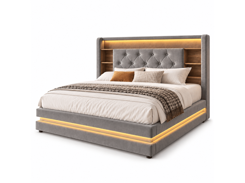  Lit coffre 160x200 lit rembourré avec tête de lit multifonction, led, 2 usb et usb-c, sommier à lattes, velours gris foncé Morn Vibe - Conforama A