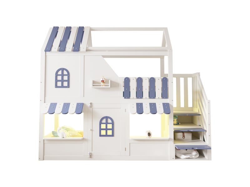  Lit d'enfant superposé 90x200 cm design maison avec fenêtres, toit, garde-corps et porte, échelle de rangement, led et étagères, blanc et bleu ABC - Conforama A