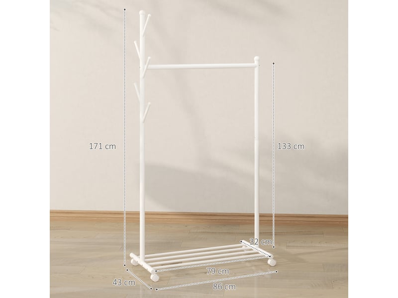 Portant à vêtements à roulettes, 5 crochets, tringle et étagère inférieure pour entrée, 86 x 43 x 171 cm, blanc - Conforama E
