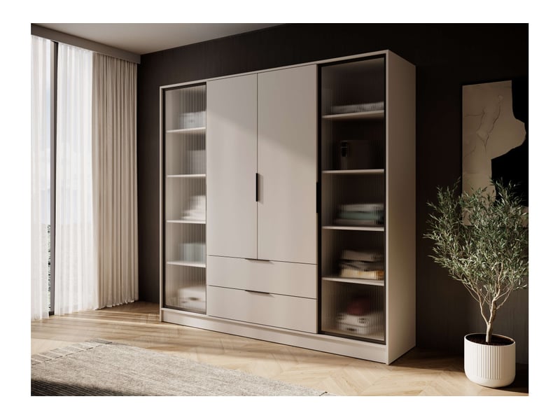  Armoire mirage 4 portes vitrées et 2 tiroirs avec penderie en bois et verre- beige MIRAGE - Conforama B