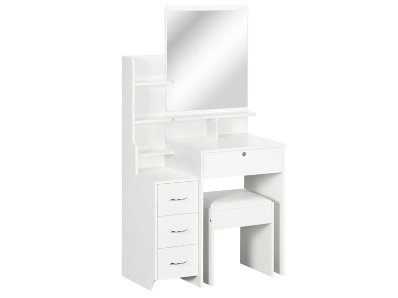  Ensemble de coiffeuse avec tabouret rembourré grand miroir + plusieurs étagères ouvertes + 4 tiroirs blanc  - Conforama B