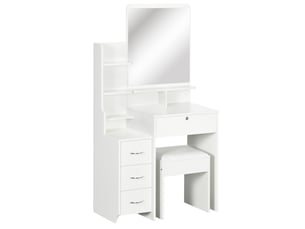 Ensemble de coiffeuse avec tabouret rembourré grand miroir + plusieurs étagères ouvertes + 4 tiroirs blanc